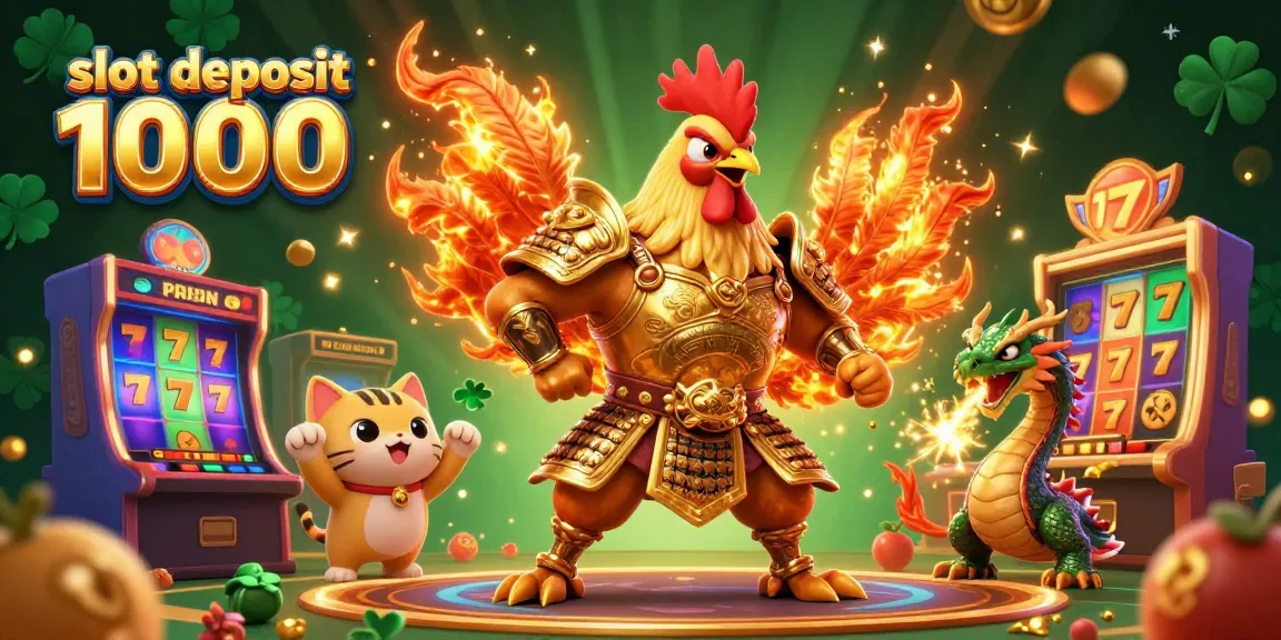 Engage with slot deposit 1000 through this vibrant 3D illustration featuring a rooster warrior, dragon hatchling, and casino elements.
