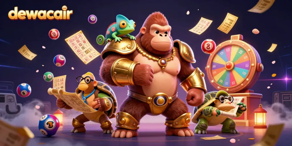 Experience the thrill of dewacair with vibrant lottery elements surrounding a powerful gorilla king and friends.