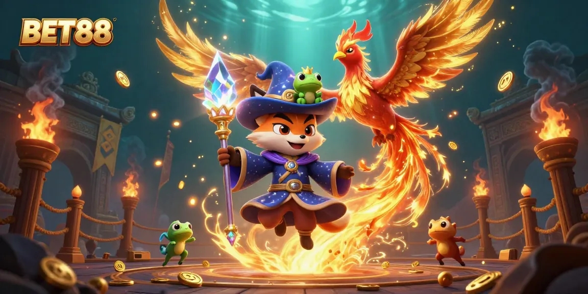 Experience the thrill of BET88 with a mystical wizard, phoenix, and festive casino elements.