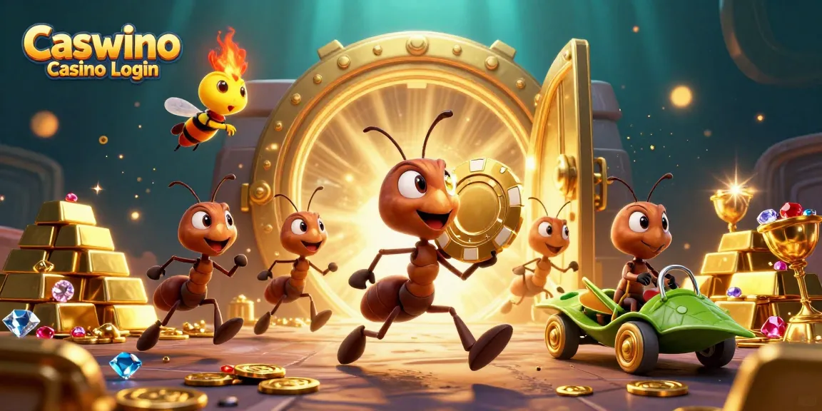 Join the adventure with Caswino Casino Login, featuring animated ants stealing poker chips in a dynamic 3D scene.