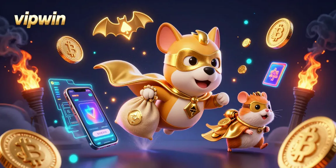 Experience thrilling gaming action with vipwin, featuring a superhero dog and cheering hamster in an exciting casino scene.