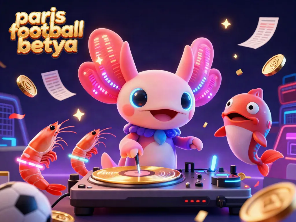 Experience the vibrant scene of paris football betya with a neon axolotl DJ surrounded by sports betting elements.