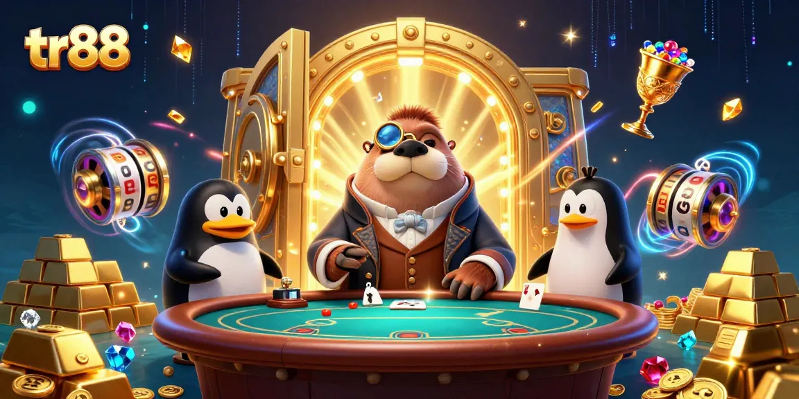 Engage with thrilling poker at TR88, featuring a walrus in a Victorian outfit and rich casino elements.