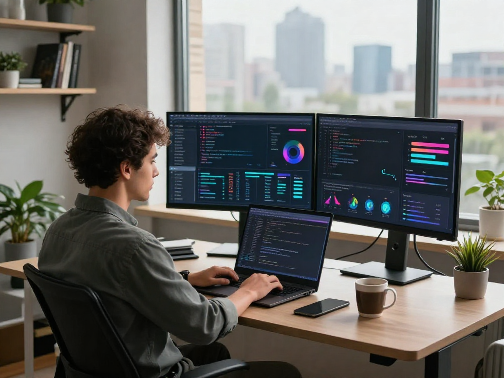 Developer using an antidetect browser in a modern tech workspace with multiple screens and urban view.