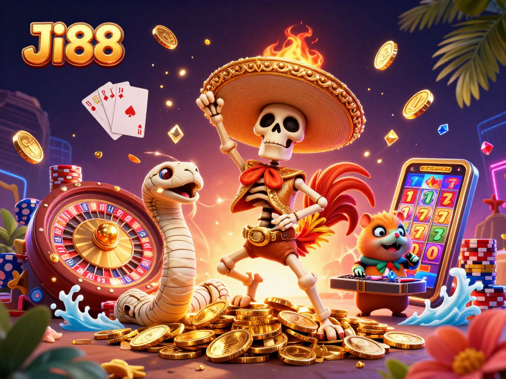 Win big with Ji88 in this vibrant 3D casino scene filled with excitement and treasures.