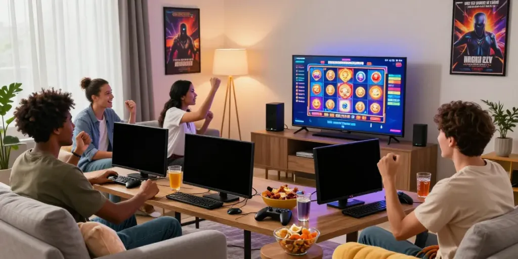 Engaged players enjoying judi slot online in a cozy gaming setup with vibrant decor.