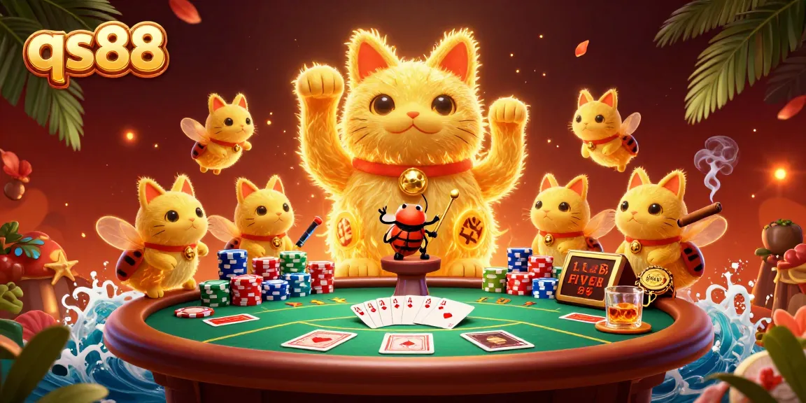 qs88 attracts players with a vibrant casino display featuring a lucky cat, poker elements, and dynamic action.