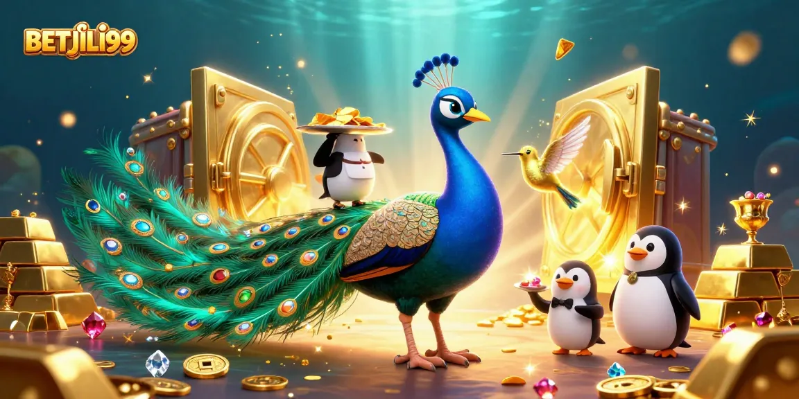 Engage in thrilling casino gameplay with BETJILI99, featuring an aristocratic peacock and a butler penguin.