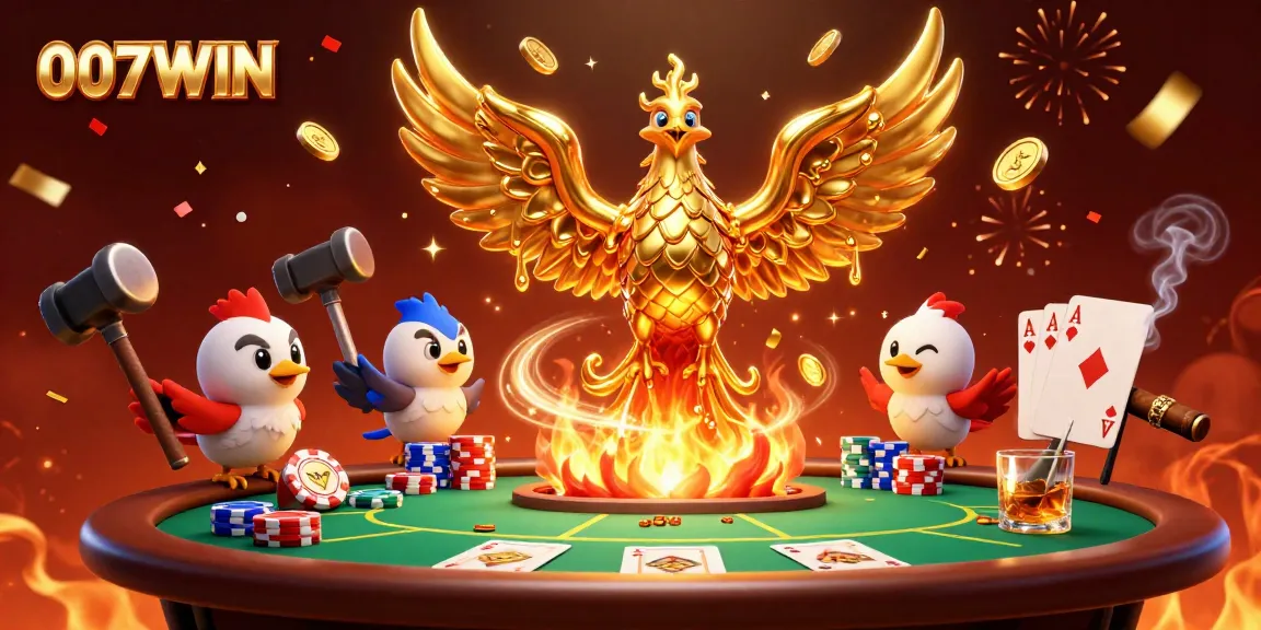 Experience thrilling gaming action with 007WIN, a gold-drenched phoenix flying over a vibrant poker scene.