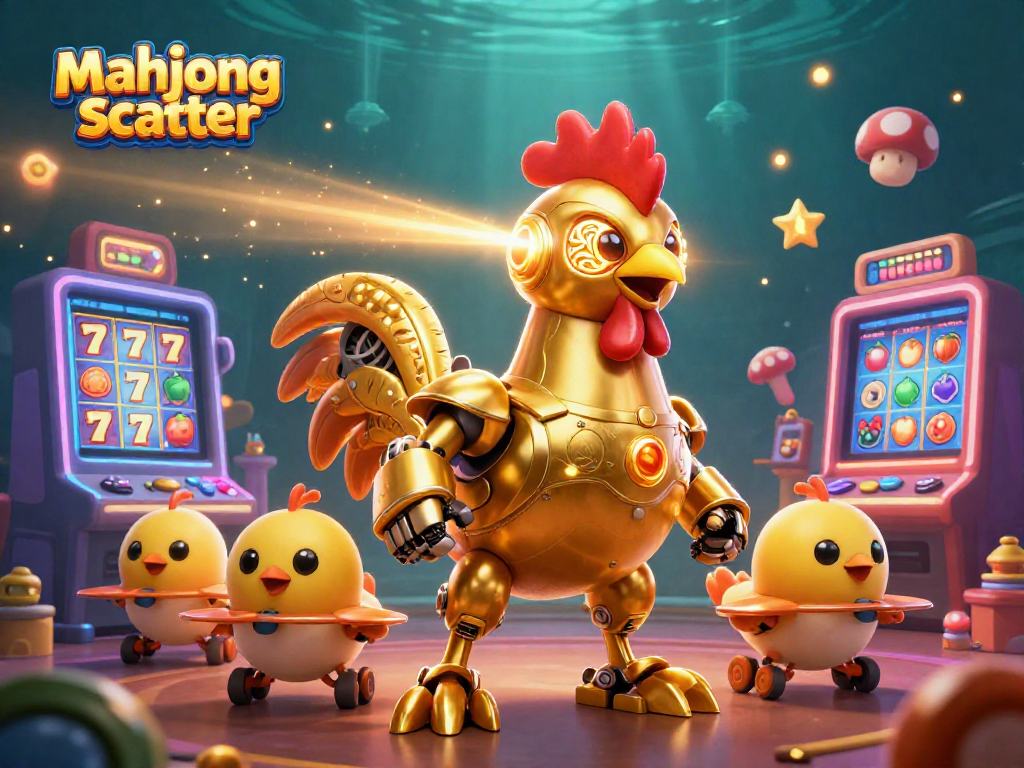 Experience the mahjong scatter with vibrant, dynamic casino elements and a lively golden rooster robot.