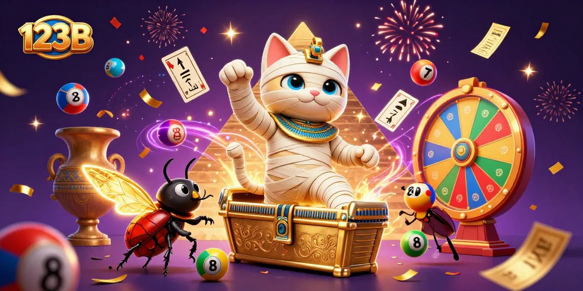 Experience thrilling play at 123B with a vibrant scene of a mummy cat and festive casino elements!