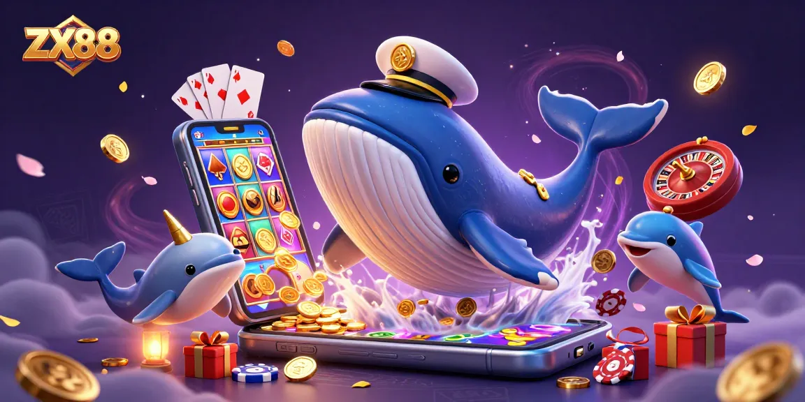Experience the excitement of ZX88 as playful dolphins showcase poker tricks amidst a treasure of coins.