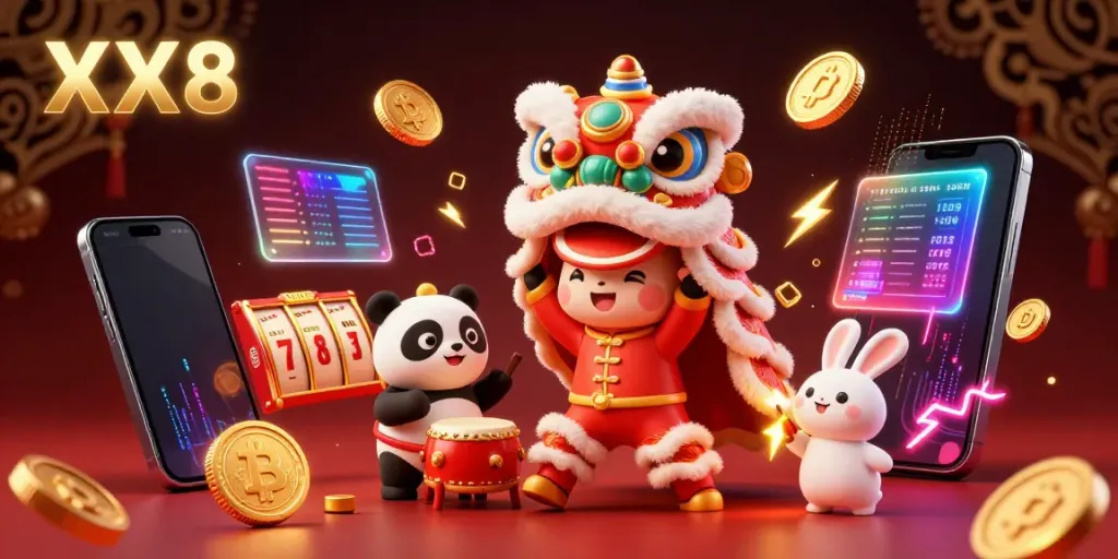 Engage in the excitement of XX8 with a festive lion dance and cryptocurrency elements in this vibrant casino illustration.