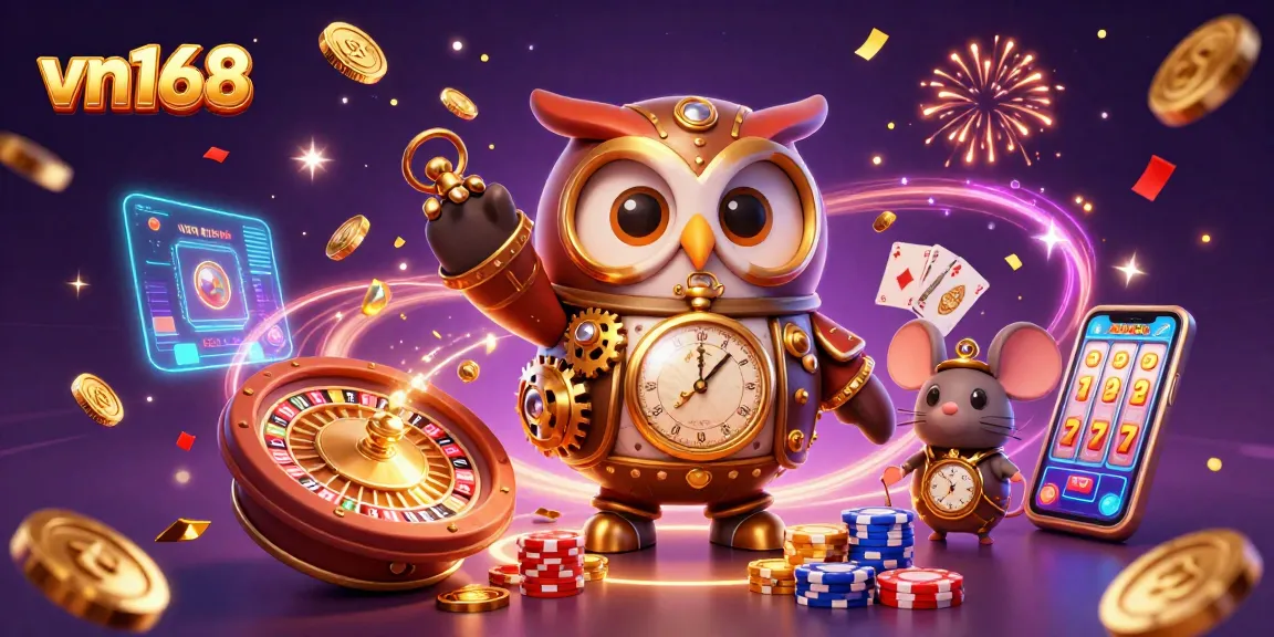 Engage with the vibrant vn168 casino world featuring 3D steampunk owl, dazzling playing cards, and sparkling gems.