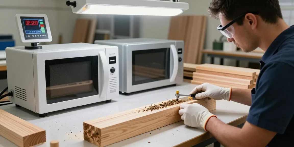 Shashel microwave device treating wood beams for woodworm elimination in a clean workshop.
