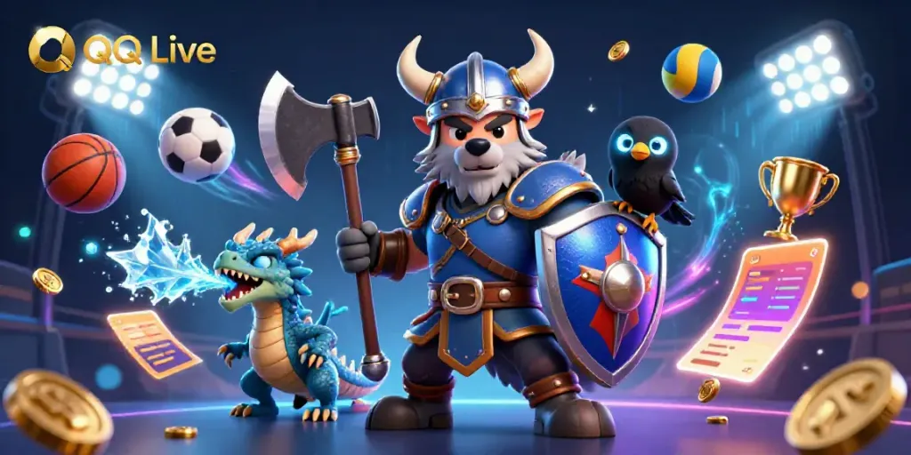 Join the excitement of QQ Live with a Viking warrior, dragon, and raven amid dynamic sports elements!