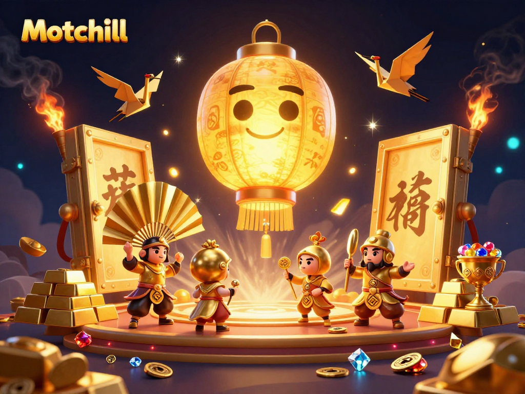 Experience thrilling gameplay with Motchill, showcasing a vibrant 3D casino scene filled with gold and lucky symbols.