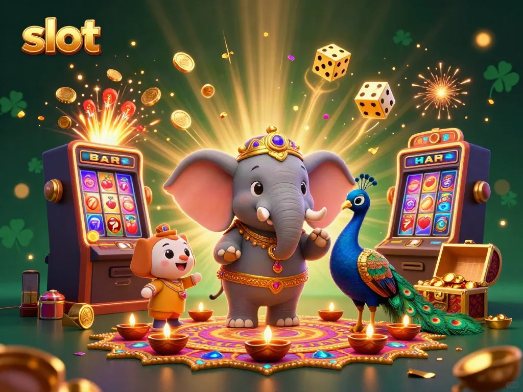 Experience thrilling slots with a 3D elephant mascot amidst a jackpot explosion of coins and symbols.