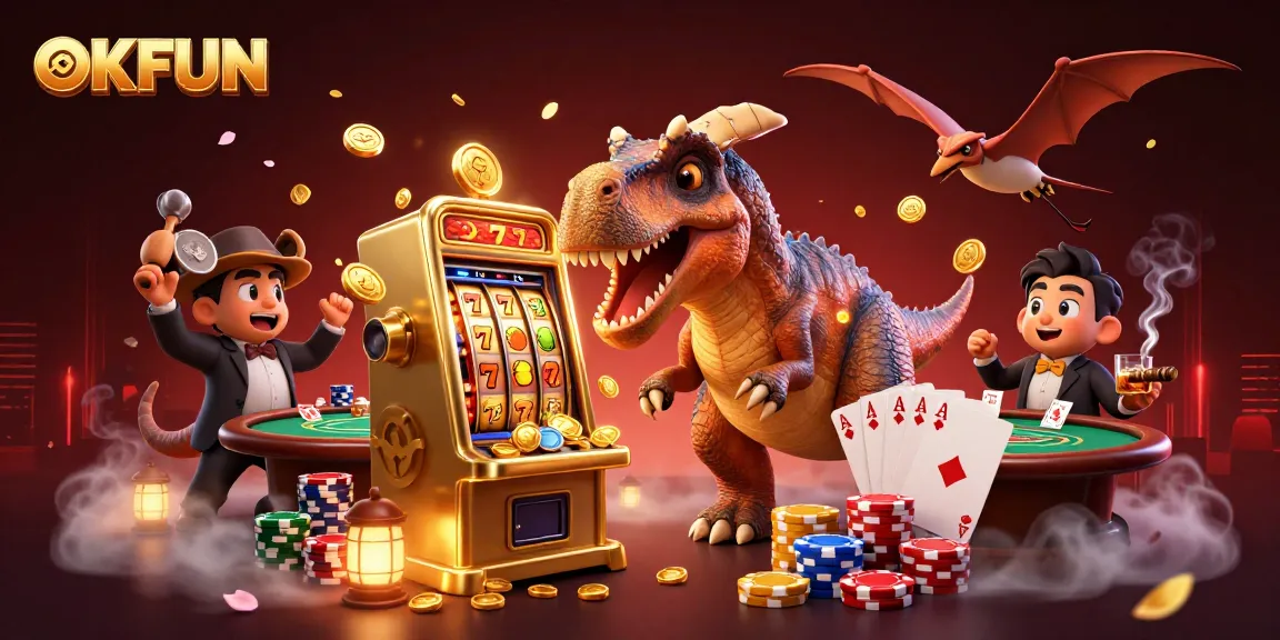 OKFUN brings excitement with a pachycephalosaurus hitting a jackpot slot machine for golden coins.