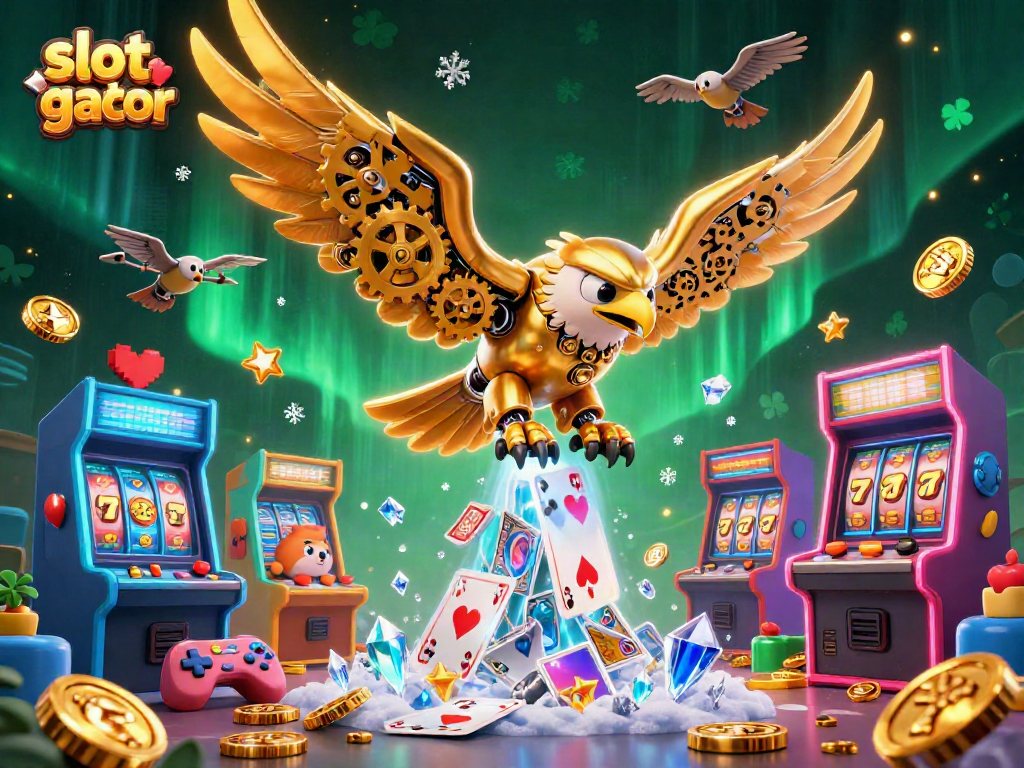 Experience the thrill of slot toto gacor with a dynamic illustration of a cybernetic eagle in a vibrant casino setting.