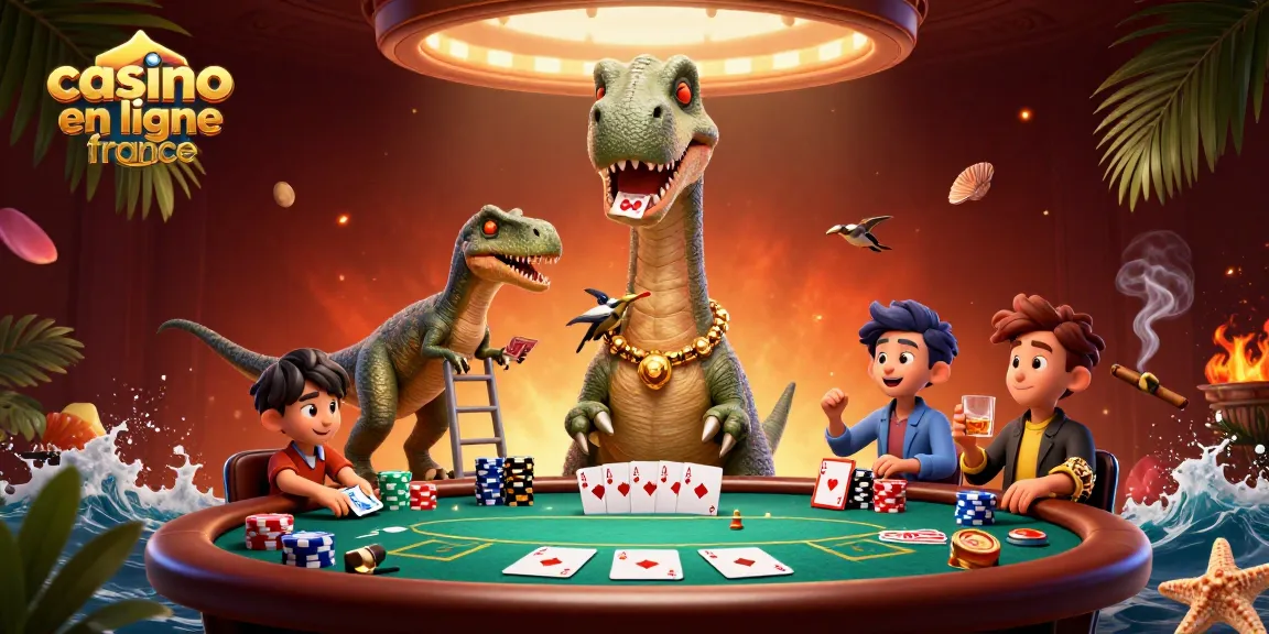 Jouez au casino en ligne France avec une scène ludique illustrée contenant un brontosaure et un raptor.