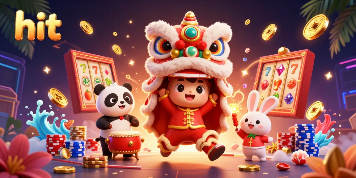 Hit fantastic jackpots playing slots with the lion dance at a vibrant casino scene.