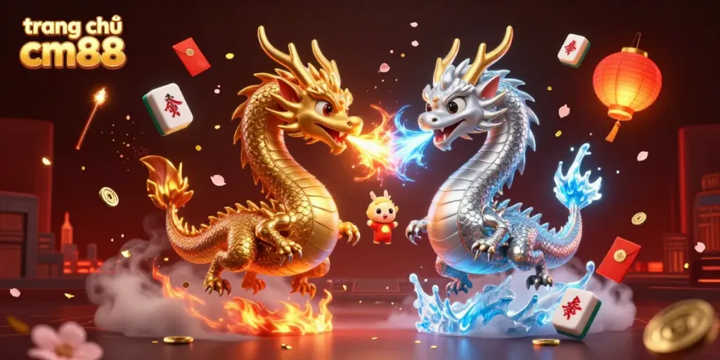 Engage in gaming excitement at trang chủ cm88 with vibrant 3D dragon illustration, showcasing fire and ice.