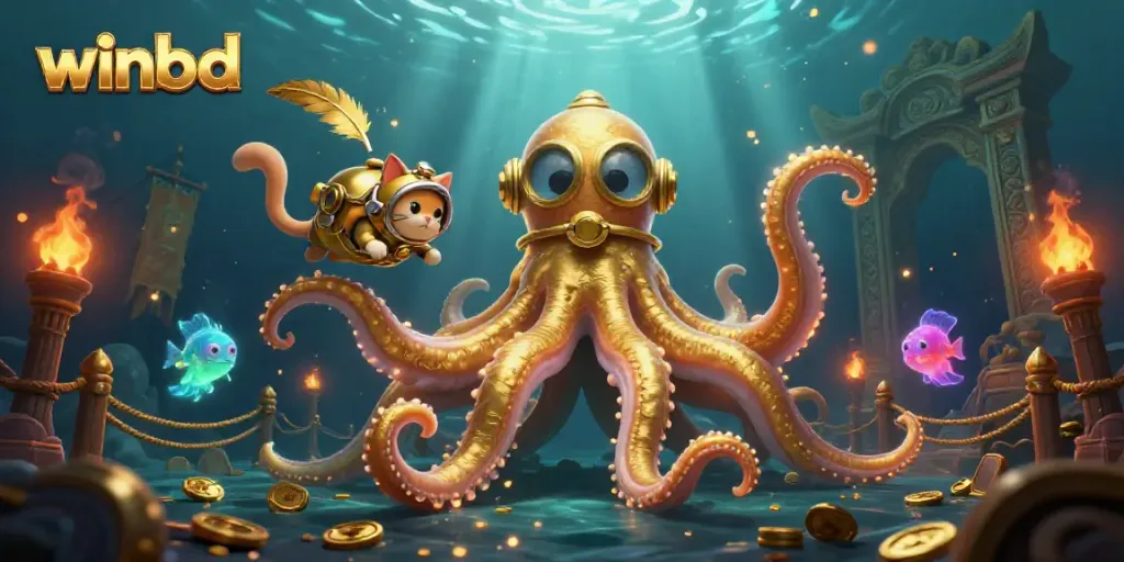 Experience winbd's thrilling underwater gaming adventure with a colossal kraken and diving cat.