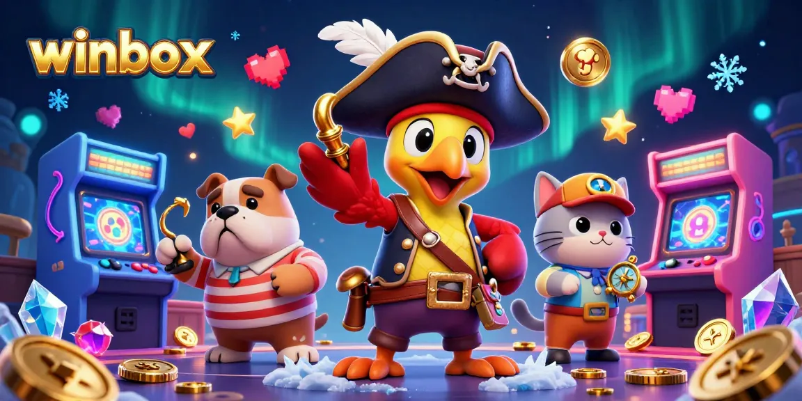 Winbox players enjoying immersive gaming with vibrant casino-themed characters and arcade elements.