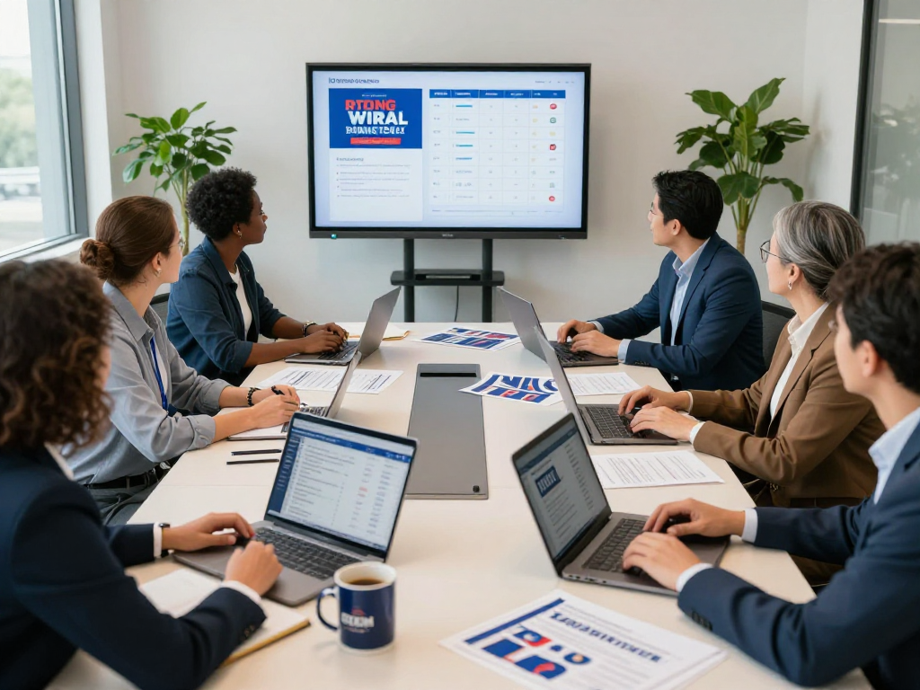 Political programmatic advertising strategy meeting with diverse team analyzing voter data.