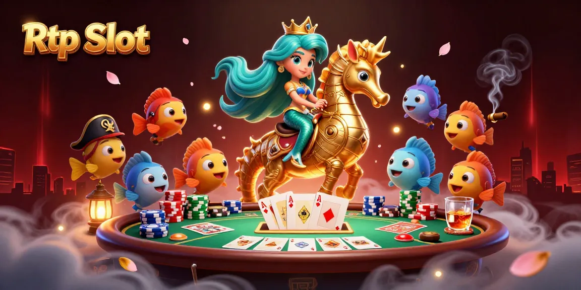 Bet on Rtp Slot with the colorful mermaid princess and giant seahorse amid exciting poker action.