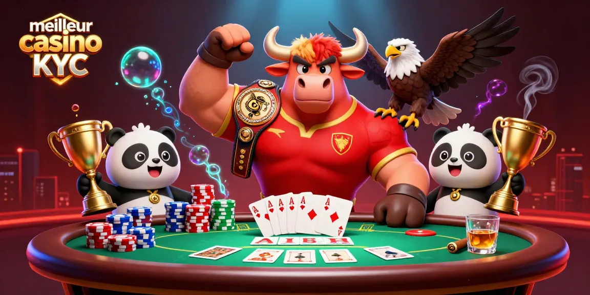 Gagnez au meilleur casino sans KYC avec des cartes de poker et des trophées animés.