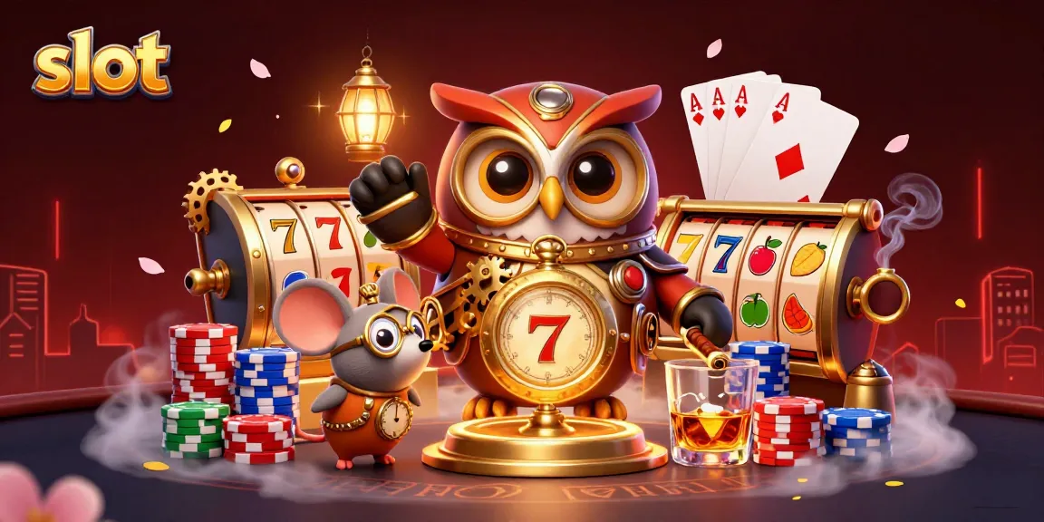 Spin the slot reels in a vibrant casino scene featuring animated characters and winning symbols.
