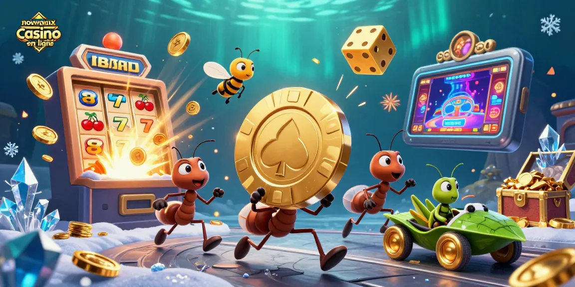 Les nouveaux casinos en ligne émergent avec des thèmes ludiques illustrés par des fourmis transportant un jeton de poker doré.