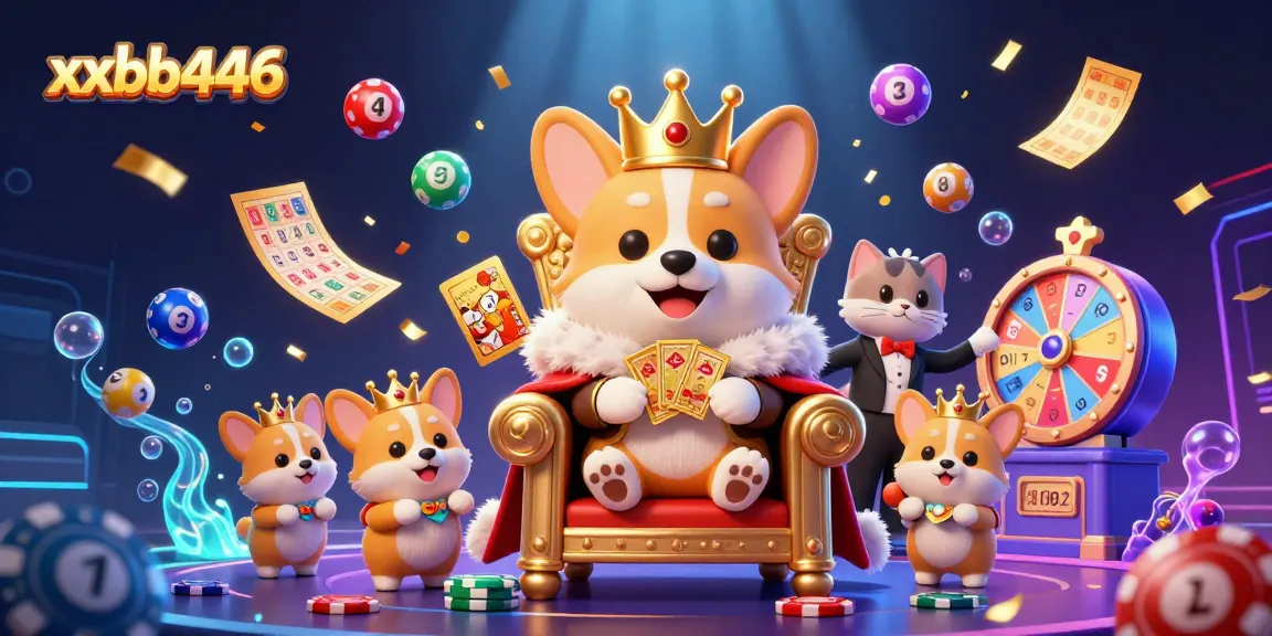 xxbb446 illustrates a lively 3D casino scene featuring a royal corgi and cat butler amidst colorful lottery elements.