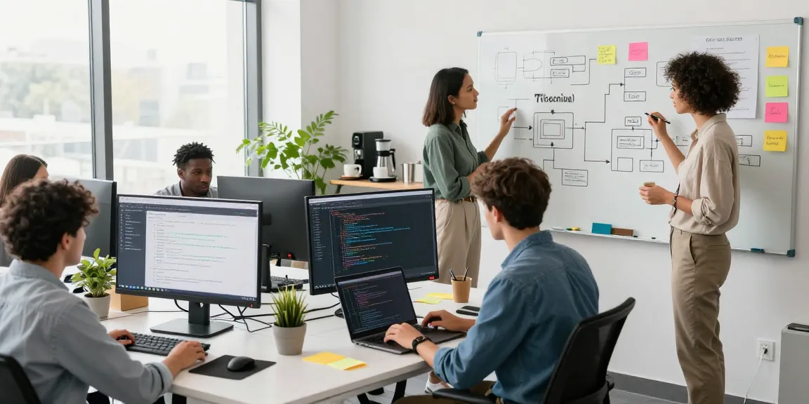 Custom Software Development Services highlighted in a vibrant workspace showing developers collaborating over laptops and whiteboard.