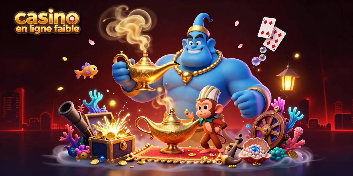 Illustration dynamique de casino en ligne fiable, avec un génie et des éléments de jeu captivants.
