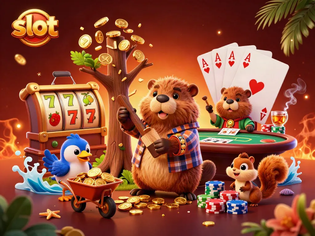 Spin the slot machine with golden coins raining down from a lumberjack beaver!