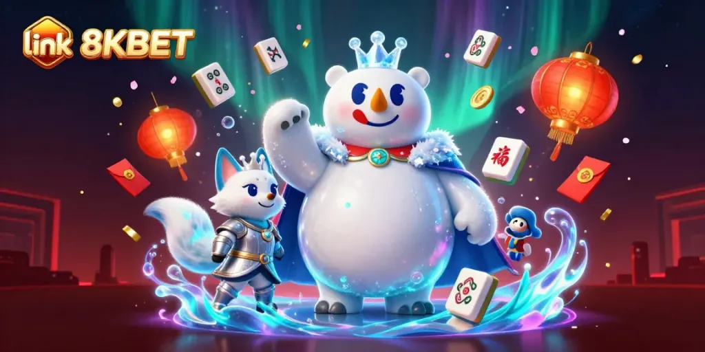 Play games at link 8KBET featuring dynamic visuals of casino elements and characters.