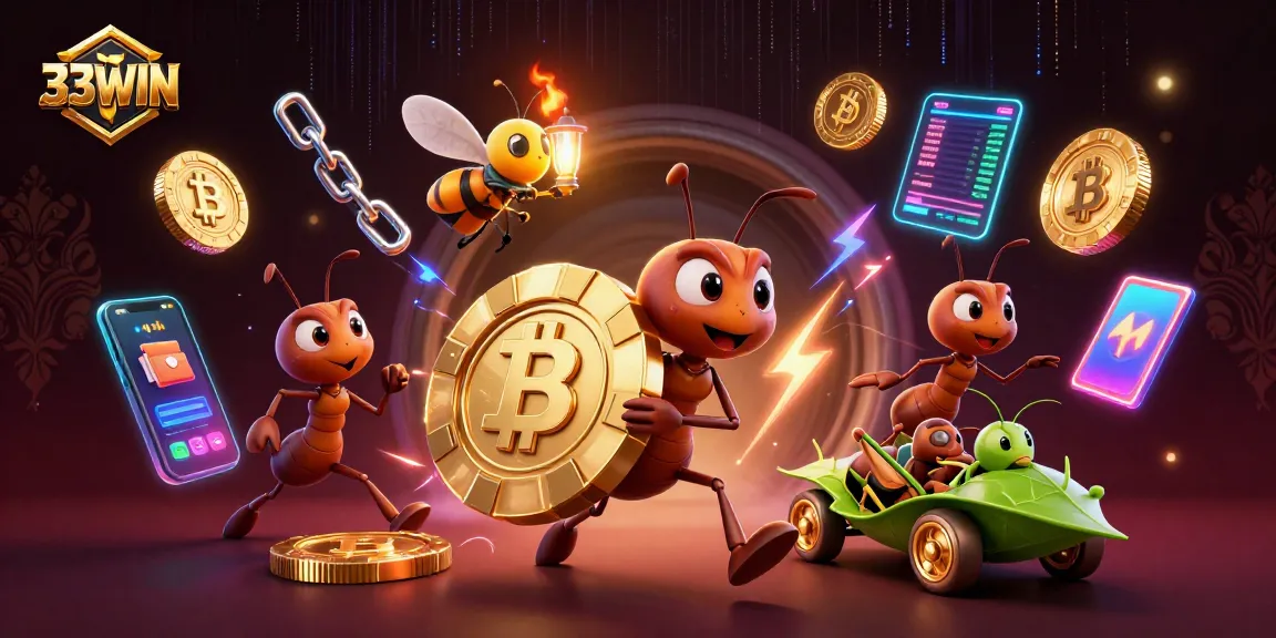 33WIN showcases a thrilling heist with ants and crypto elements in a vibrant casino setting.