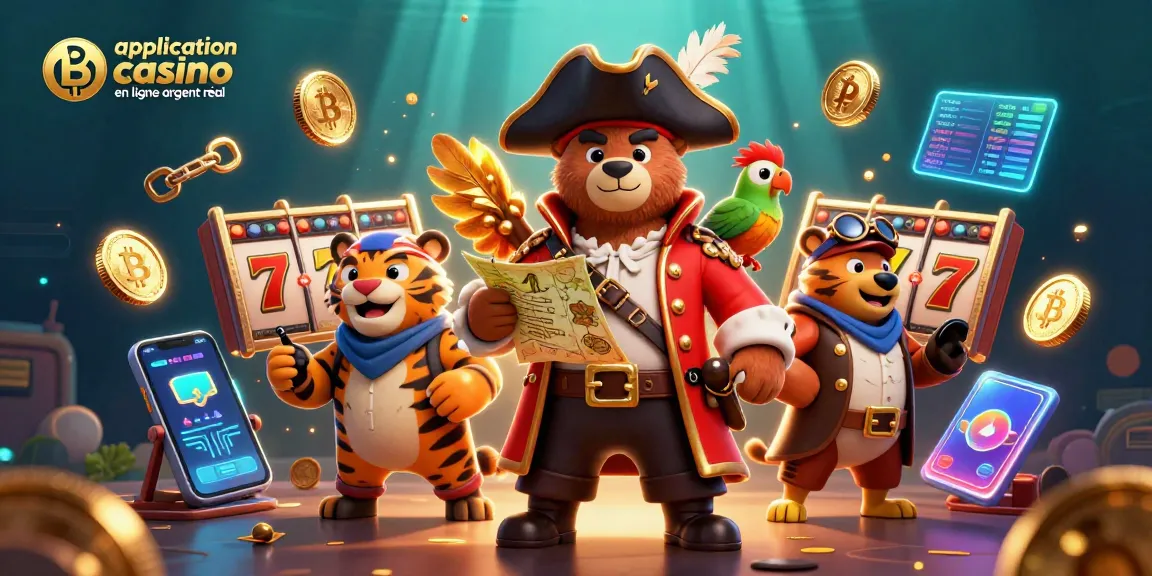 Application casino en ligne argent réel : illustre un ours pirate et un tigre autour de machines à sous et crypto.