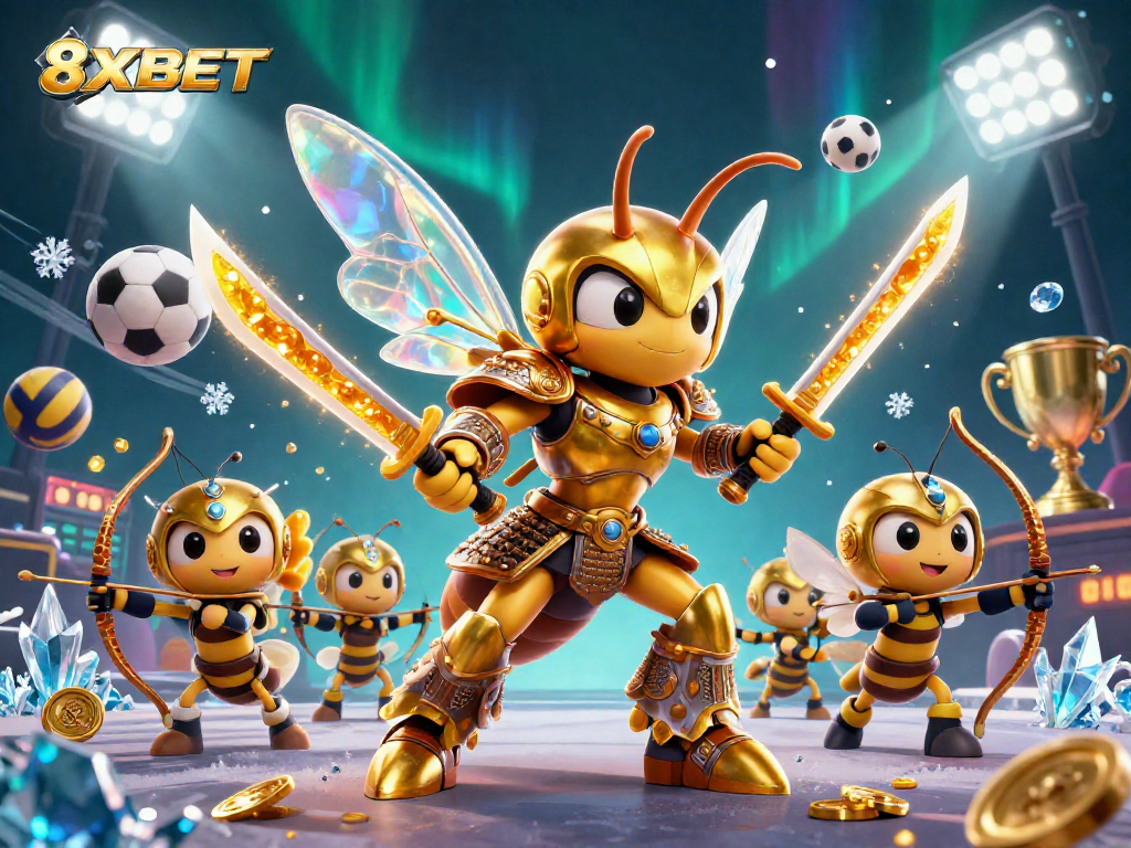 8XBET bets on a thrilling sports atmosphere with vibrant illustration of gold hornet samurai amidst dynamic game elements.