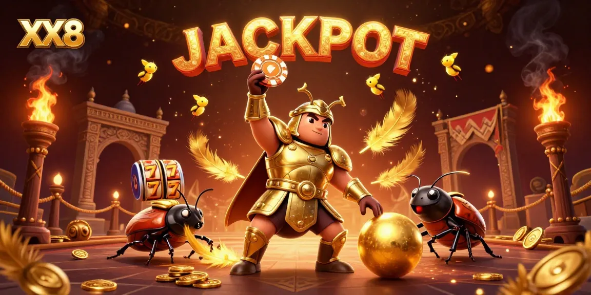 XX8 slot gaming scene featuring a hercules beetle in armor celebrating with a poker chip, amidst golden elements.