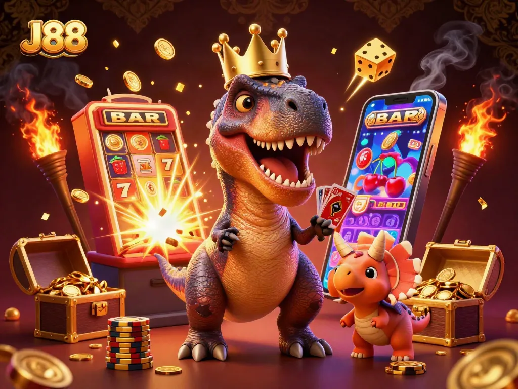 Engage with J88's vibrant casino action featuring a playful T-Rex shuffling cards amidst a jackpot explosion.