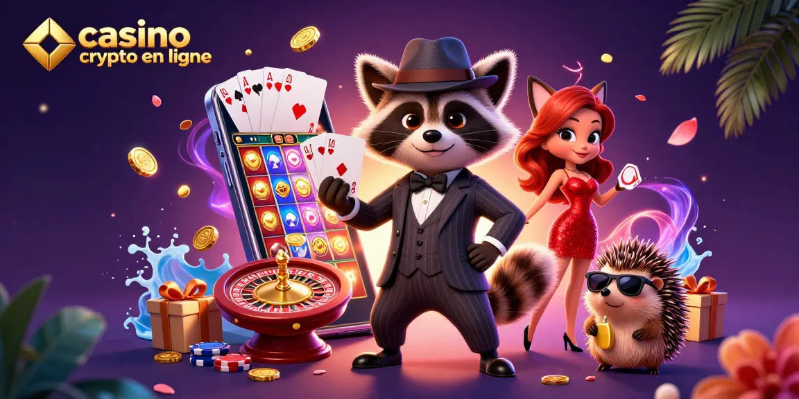 Illustration d'un casino crypto en ligne avec un raton laveur en costume affichant une main gagnante et des éléments de jeu