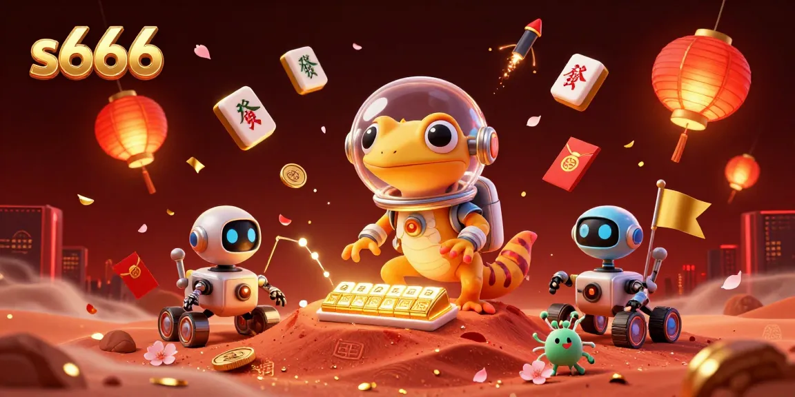 Experience the Martian adventure with s666, where a gecko explores a golden casino amidst floating game symbols.