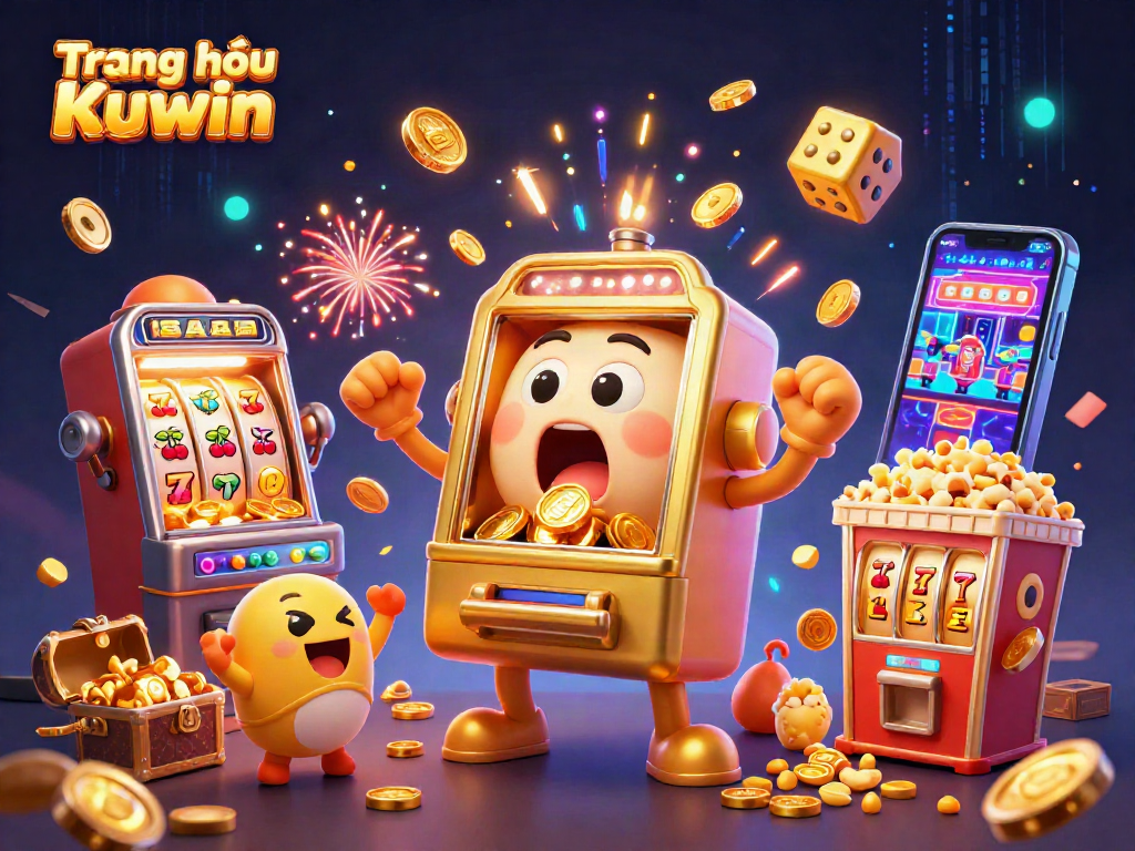 Experience the excitement of Trang chủ Kuwin with a lively jackpot scene featuring cheerful cartoon slot machines and golden coins.