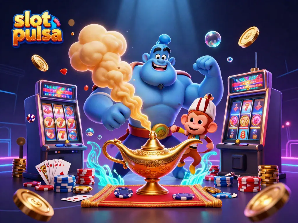 Visualisasi menyenangkan tentang slot pulsa dengan karakter kartun genie dan koin emas berterbangan.