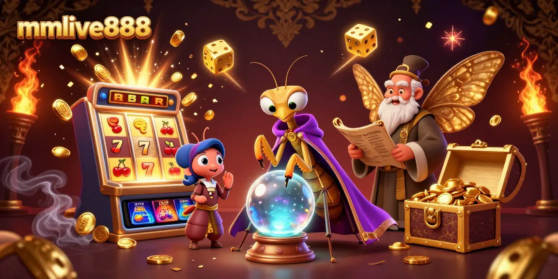 MMLIVE888 showcases an exciting gambling scene with 3D characters and jackpot slot machine elements.