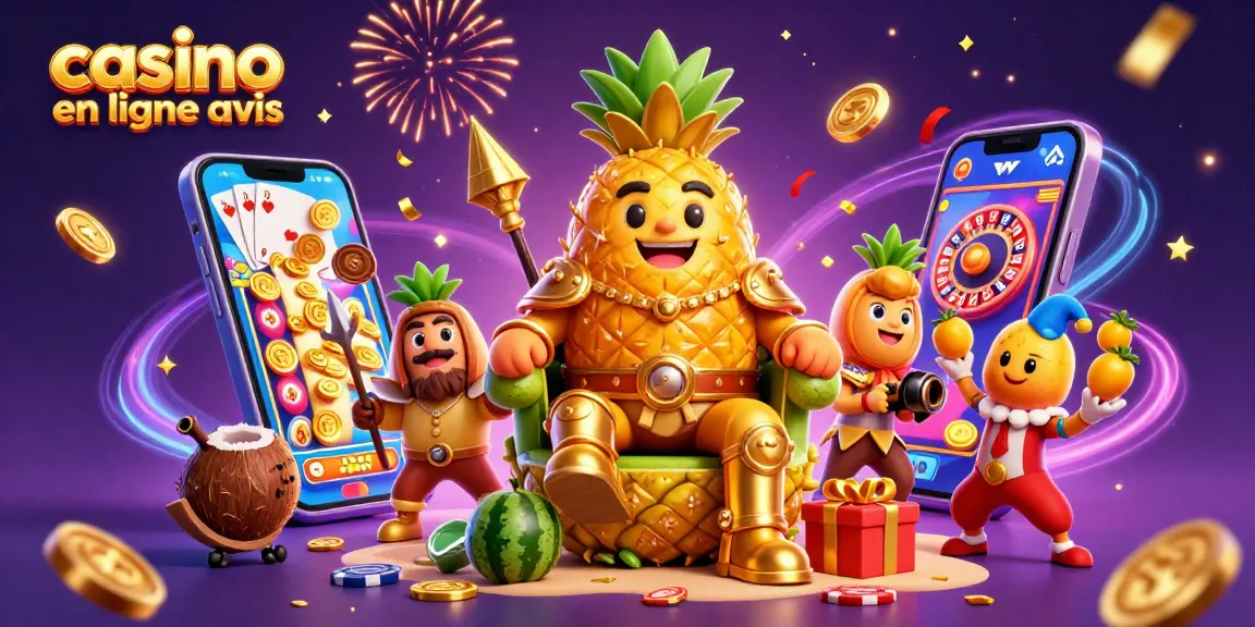 Casino en ligne avis : illustration cartoon de roi ananas en 3D entouré d'éléments de jeux d'argent.